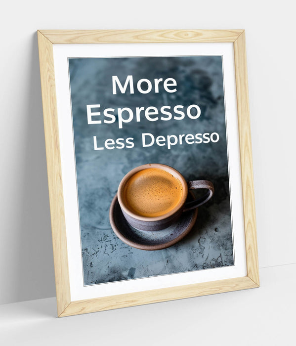 Espresso Wall Art – Framed Cafe Poster With Funny Coffee Quote & Woodgrain Frame