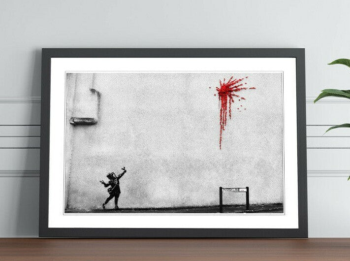 Banksy Valentines Day Art - Framed Art Print With Handmade UK Wood Grain Frame