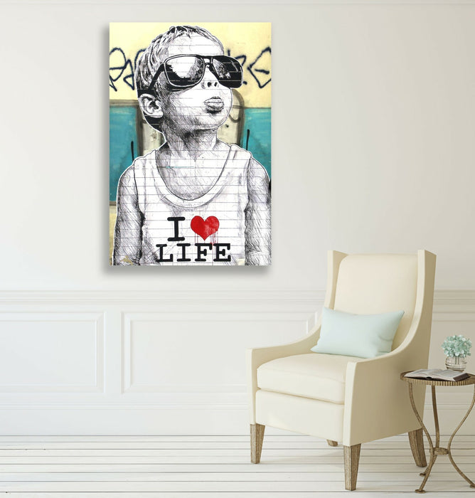 BANKSY I LOVE LIFE BOY CANVAS STREET WALL ART PRINT ARTWORK YELLOW TEAL