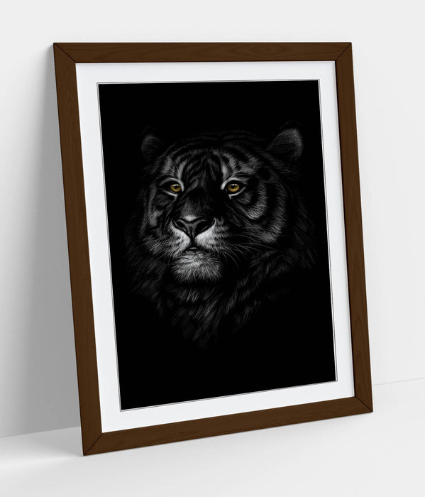 Tiger Head Wall Art – Handmade Framed Art Poster with Woodgrain Frame Design