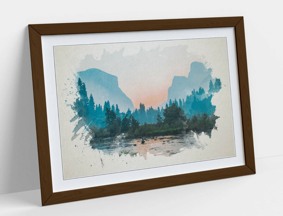 Framed Wall Art - Mountain Landscape Print With Watercolour Painting Effect