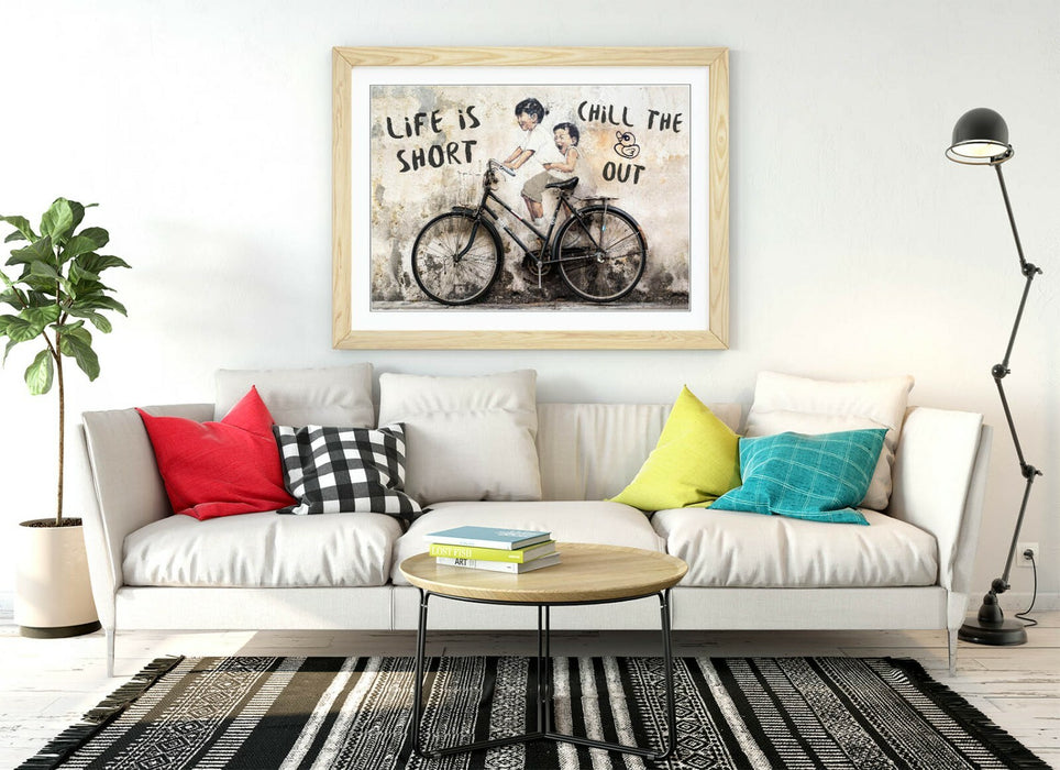 LIFE IS SHORT KIDS ON BIKE -ART FRAMED POSTER PICTURE PRINT ARTWORK- BEIGE BLACK