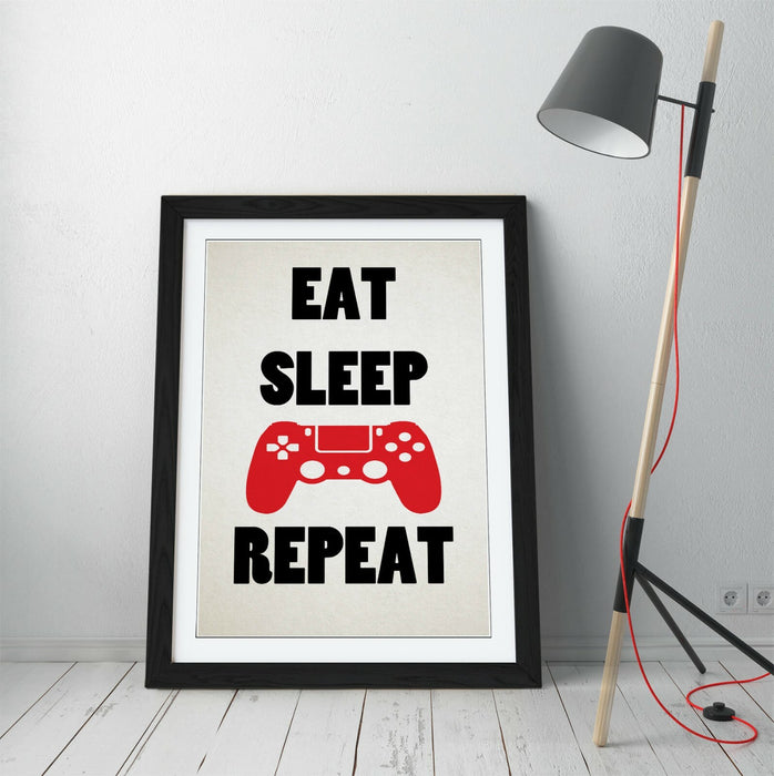 "EAT SLEEP GAME REPEAT" FUNNY GAMER QUOTE KIDS -FRAMED WALL ART PICTURE PRINT