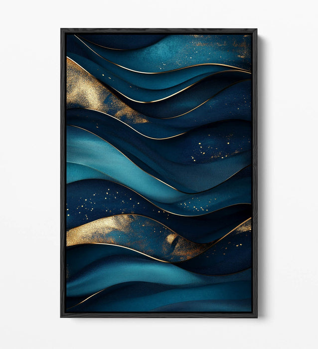 Canvas Wall Art - Blue Gold Wavy Pattern Abstract Print | Float Effect, Ready To Hang