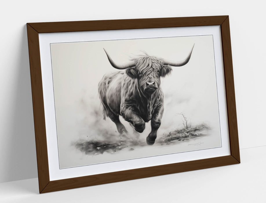 Highland Cow Wall Art – Framed Charcoal Sketch Print | Rustic Animal Decor