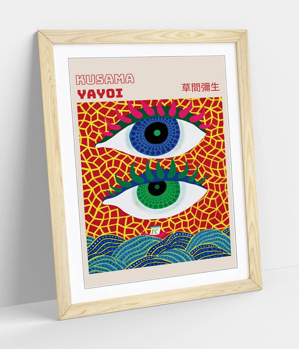 Framed Wall Art - Yayoi Kusama Abstract Eyes Contemporary Art Print With Woodgrain Faux Frame