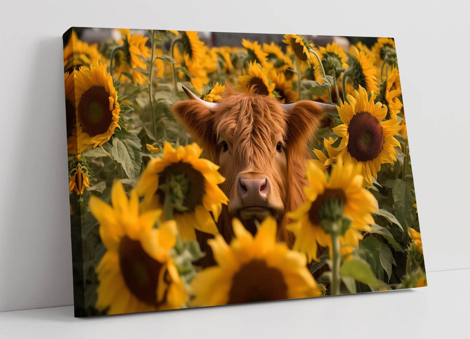 Highland Cow Canvas - Sunflower Field Art | Handmade UK Canvas Wall Artwork