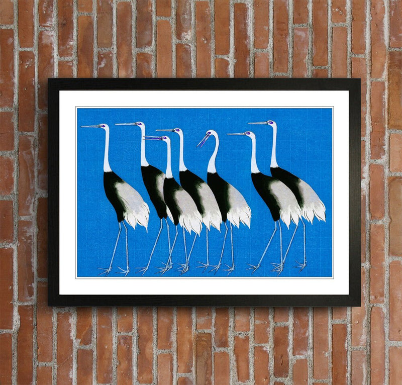 Framed Wall Art Print – Japanese Crane Poster With Woodgrain Frame Design