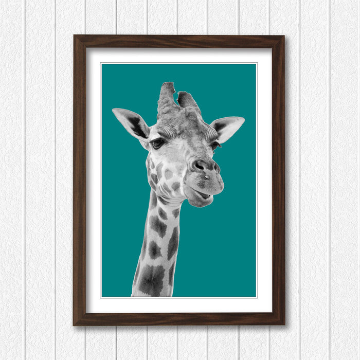 GIRAFFE BLACK AND WHITE TEAL FRAMED POSTER WALL ART PRINT ARTWORK DESIGN
