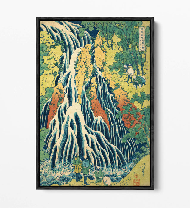 KIRIFURI WATERFALL HOKUSAI -FLOAT EFFECT CANVAS WALL ART PIC PRINT- BLUE YELLOW