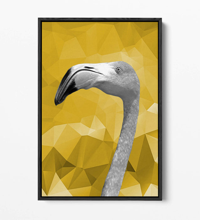 MUSTARD GEO FLAMINGO -FLOAT EFFECT CANVAS WALL ART PIC PRINT- BLACK & WHITE