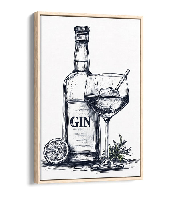 Canvas Wall Art – Gin Bottle Art With Glass Illustration | Float Effect Canvas Print