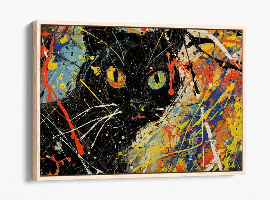 Black Cat Canvas Art - Jackson Pollock Style Float Effect Modern Cat Artwork