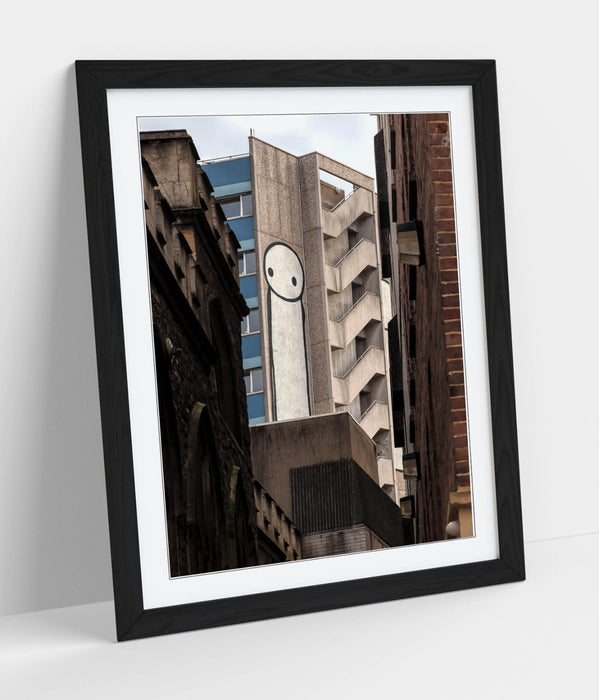 Framed Wall Art – Stick Man Poster Urban Street Art With Woodgrain Frame Finish