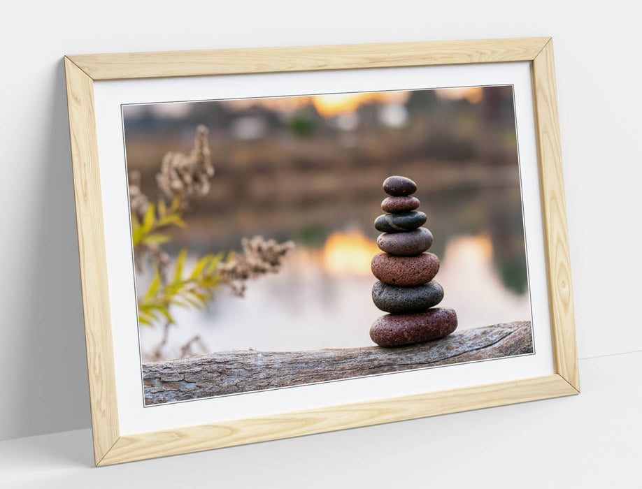 Zen Stones Wall Art – Framed Brown Stacked Stones Print on Tree Trunk | Home Decor