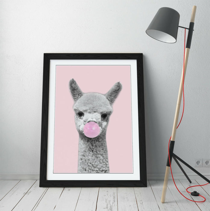 ALPACA BLACK WHITE BABY PINK BUBBLEGUM -FRAMED ART POSTER PICTURE PRINT ARTWORK