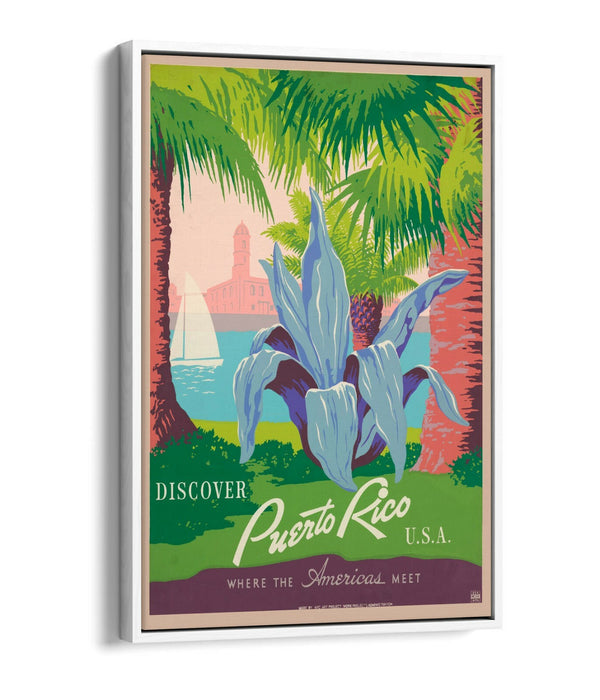 RETRO PUERTO RICO TRAVEL POSTER -FLOAT EFFECT CANVAS ART PRINT- BLUE PINK