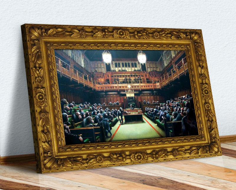 Banksy Canvas Wall Art - Monkey Parliament Graffiti Print on Archival Grade Canvas
