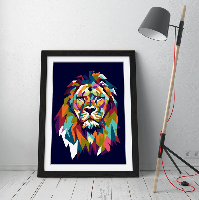 Geometric Lion Wall Art - Framed Multi Size Lion Head Print With Woodgrain Frame