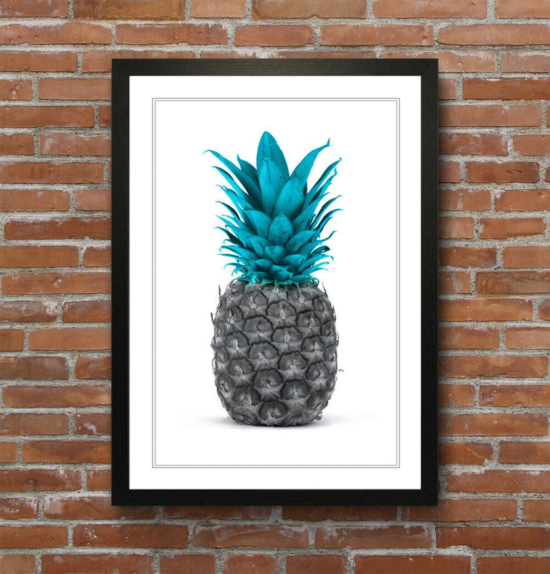 Framed Pineapple Poster – Teal Blue Wall Art With Wood Grain Frame & Good Fortune Decor