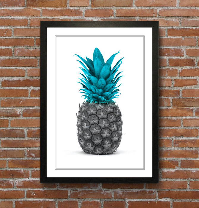 PINEAPPLE TEAL BLUE GREY ART FRAMED POSTER PICTURE PRINT GOOD FORTUNE