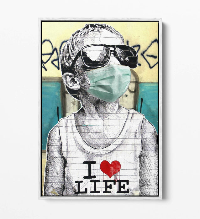 BANKSY I HEART LIFE BOY MASK -FLOAT EFFECT CANVAS WALL ART PIC PRINT- BLUE GREY