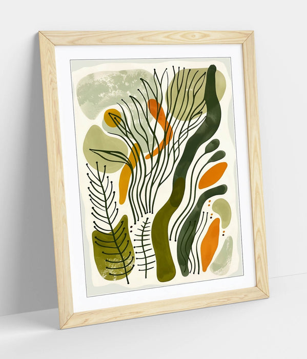Boho Framed Wall Art – Minimalist Plant Leaf Poster with Natural Wood Frame