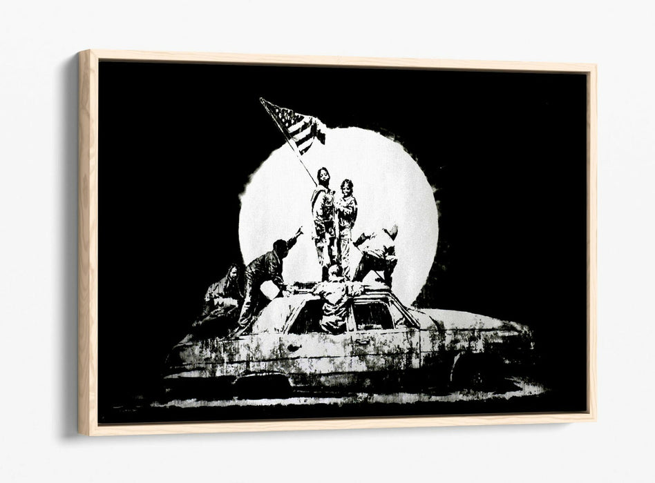 BANKSY FLAGS -FLOAT EFFECT CANVAS WALL ART PIC PRINT- BLACK & WHITE