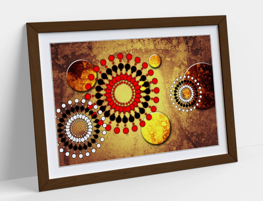Framed Poster Print - Red Sun Abstract Wall Art With Woodgrain Frame Design