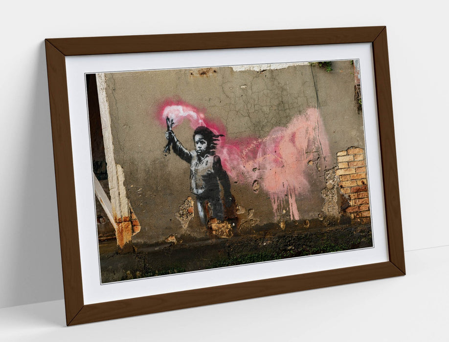 Banksy Wall Art – Handmade UK Framed Graffiti Poster Print With Woodgrain Frame