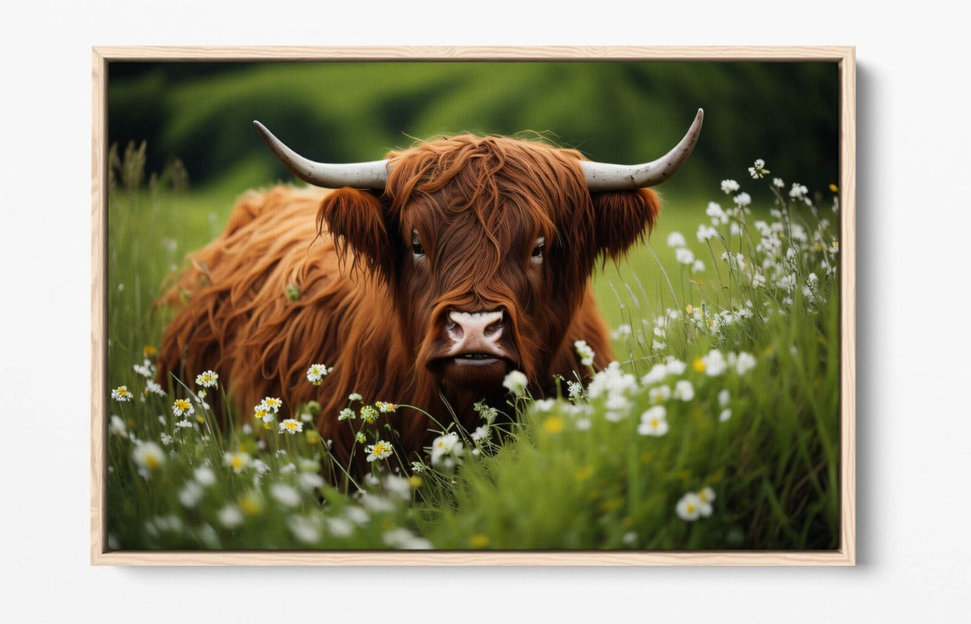 HIGHLAND COW FLOWER FIELD HOME DECOR DIGITAL FLOAT EFFECT CANVAS ART PIC PRINT