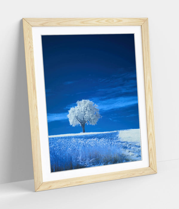 Framed Wall Art - Abstract White Tree Poster in Blue Landscape | Handmade Decor