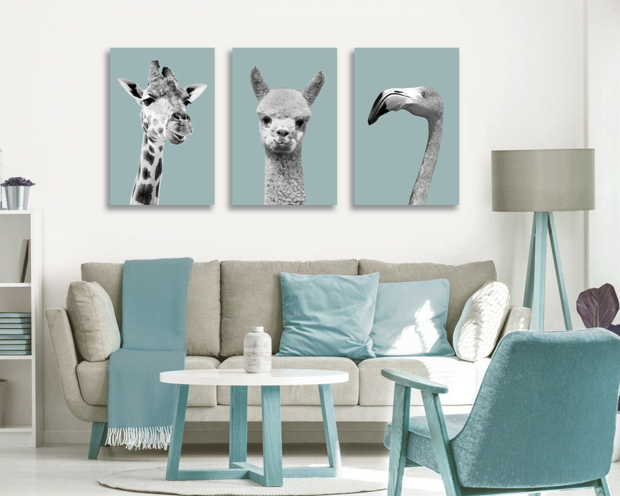 DUCK EGG BLUE ANIMAL COLLECTION HIGHLAND COW GIRAFFE CANVAS WALL ART PRINT