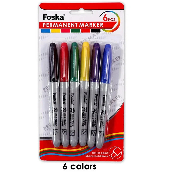 Foska Permanent Markers – Sharpie Style – Multicolour Pack of 6 – Fine Tip Pens